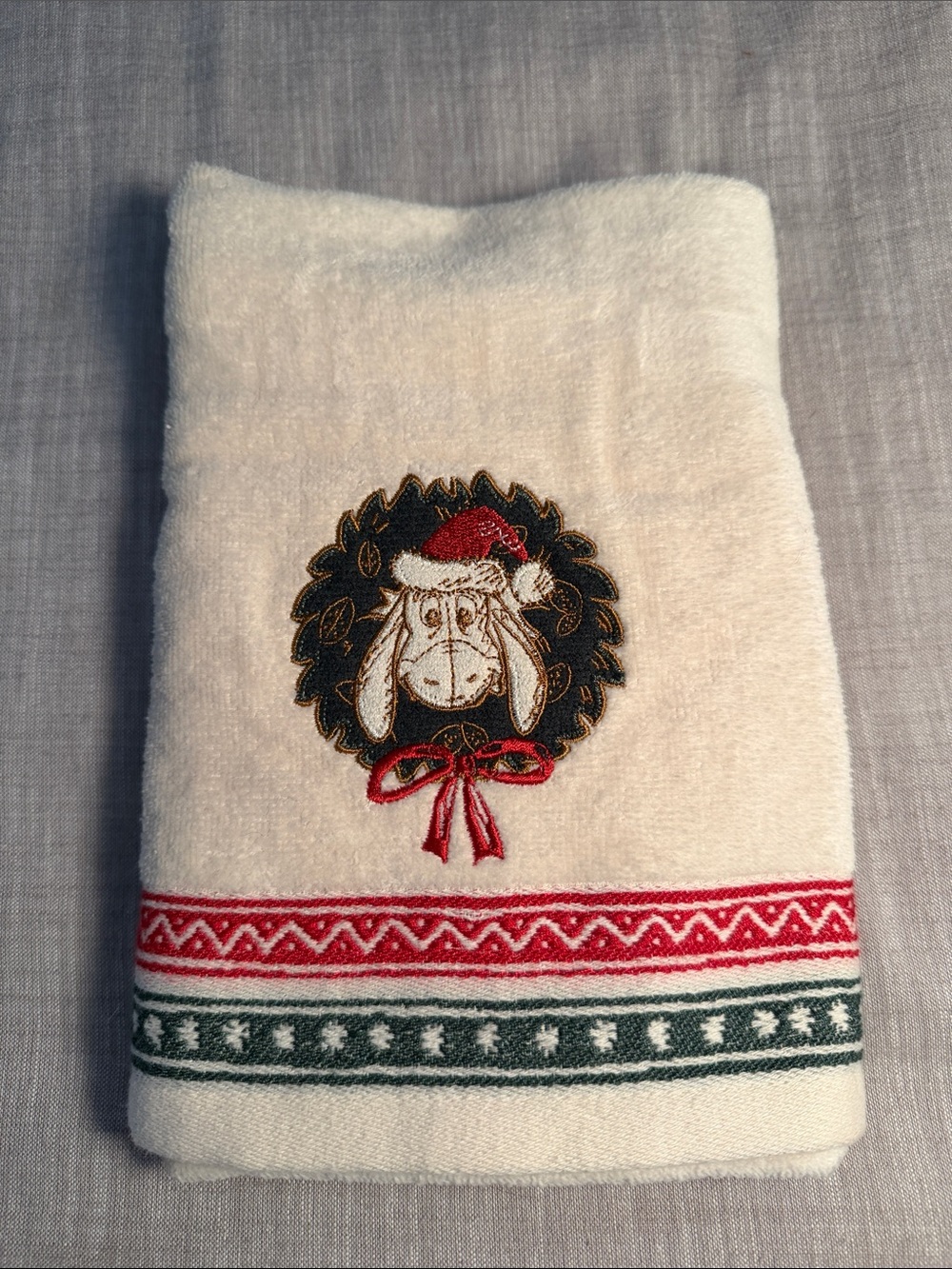 Disney White Hand Towel with Red and Green Holiday Embroidery